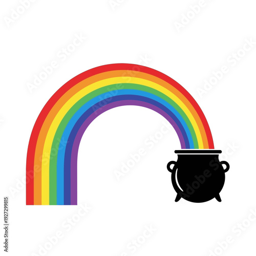 Rainbow arching over a pot of treasure, mythical scene depiction