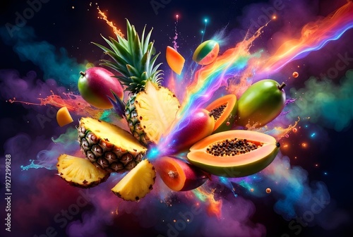 Explosive Tropical Fruit Splash in Cosmic Background