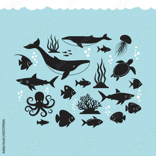 Marine Life Silhouettes Arranged in Ocean Scene Illustration