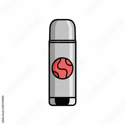 A Simple Metallic Gray Thermos Bottle With A Red Circular Emblem Against A White Background