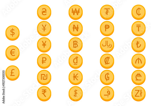 Dollar, euro, pound, yen, yuan, rubble, rupee, lira, won, currency coin icons set . Currency Icons