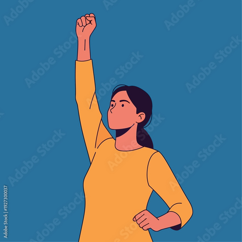 Woman celebrating victory with raised fist in illustration