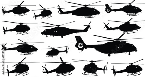 helicopter, silhouettes, collection, military, aviation, aircraft, rotorcraft, flight, transport, rescue, patrol, black, white, vector, illustration, isolated, set, aerial, technology, background
