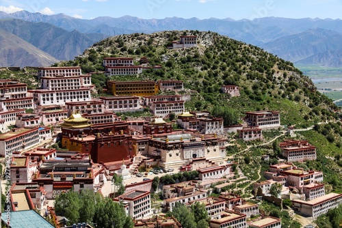 Panoramic view of Ganden Monastery perched on a mountain ridge in Dagzê, Tibet