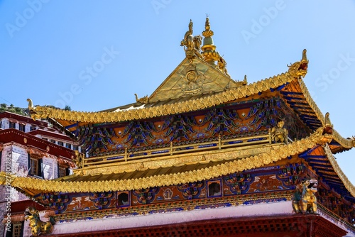 Ornate golden rooftop and intricate Tibetan Buddhist architecture at Ganden Monastery, a historic Gelug monastery in Dagzê, Lhasa, Tibet, showcasing sacred Himalayan heritage