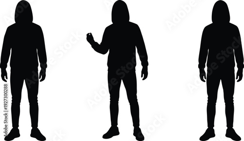 Hooded man silhouette vector set, anonymous standing male figure isolated on white background in different poses