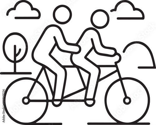Two people on tandem bicycle ride together bike team concept riding travel contour outline line icon black color vector illustration image thin flat style