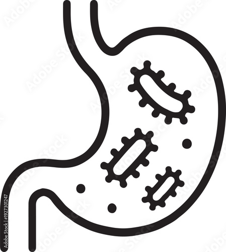 Stomach with gut flora, linear icon, microbiome, digestion and probiotic health. Line with editable stroke.