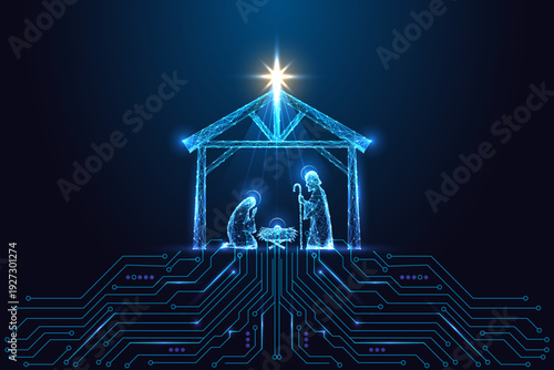 Digital nativity scene with glowing holy family and stable on circuit board, Christmas vector