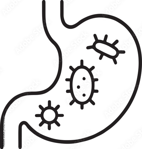 Stomach with gut flora, linear icon, microbiome, digestion and probiotic health. Line with editable stroke.