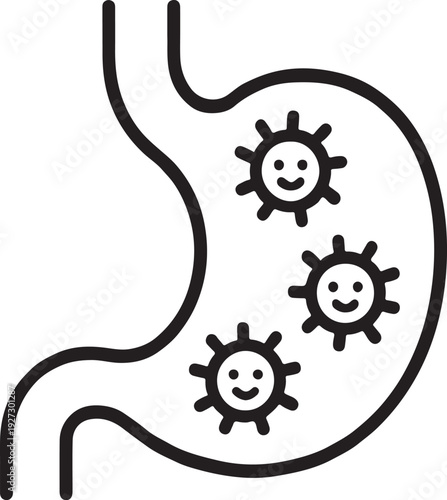 Stomach with gut flora, linear icon, microbiome, digestion and probiotic health. Line with editable stroke.