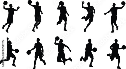 Handball player silhouettes set isolated on white background dynamic jump throw action poses flat vector illustration sports design, athletes motion