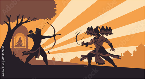Dynamic silhouette illustration depicting the epic battle between the divine archer Rama and the ten-headed demon king Ravana, symbolizing the triumph of good over evil.