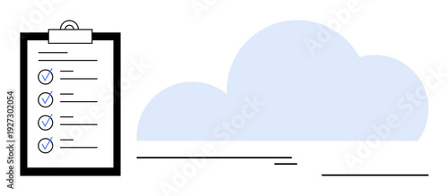 Black clipboard holding a completed checklist with blue cloud in the background. Ideal for productivity, task management, goal tracking, cloud services, digital organization, workflow, simple flat