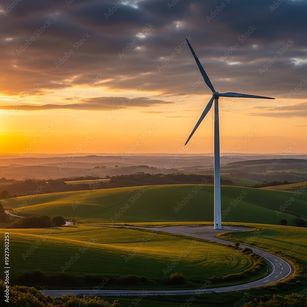 Obraz premium Large wind turbine standing on green rolling hills at sunset representing clean renewable energy and sustainability.
