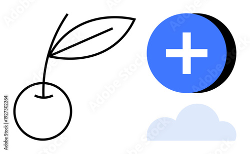 Symbolic design. Features cherry with a leaf, medical plus icon, and a cloud shape. Highlights nature, healthcare, and connectivity . Perfect for branding, apps and print media tech health
