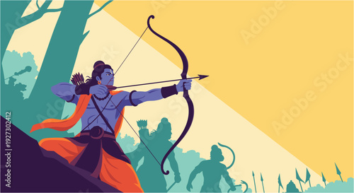 Dynamic illustration of a powerful archer, Lord Rama, aiming his bow and arrow with precision amidst a vibrant forest setting, embodying strength and focus.