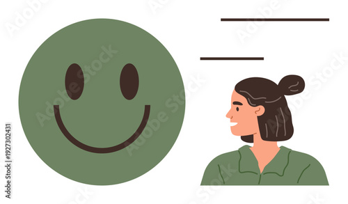 Positive emotions, mental health, self-expression, social connections, design concepts, mood enhancement. Green happy face alongside a woman looking sideways. Positive emotions and mental health