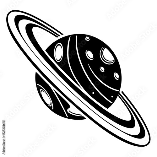 Bold graphic illustration of a ringed planet in black and white, symbolizing the vastness of space and the allure of the unknown universe.