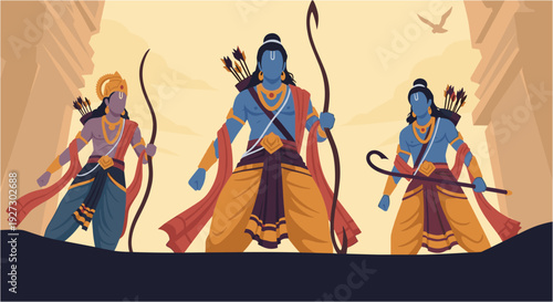 A vibrant illustration depicting Lord Rama, Lakshmana, and Hanuman, symbolizing strength, devotion, and righteousness in Hindu mythology.