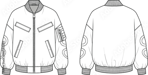 Bomber jacket technical fashion illustration with front and back views, detailed zippered outerwear design template isolated on white background