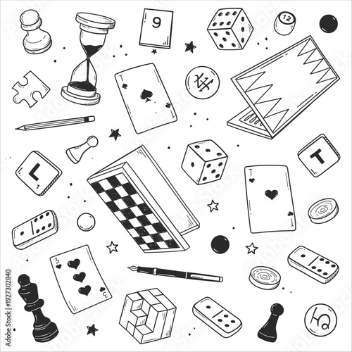 Board games doodles set hand drawn vector illustration sketch icons of cards dice and pawns checkers