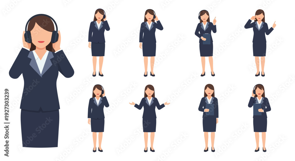 Obraz premium Female Customer Service Agent Vector Set: Headset, Call Center & Support Poses
