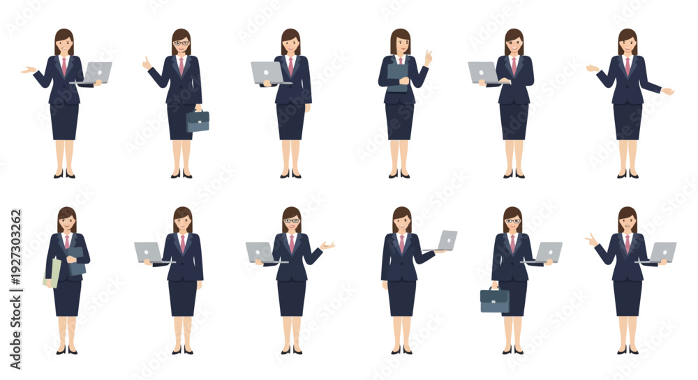 Obraz premium Businesswoman Vector Set: Professional Female Character Poses with Laptop, Briefcase & Documents for Business Concepts