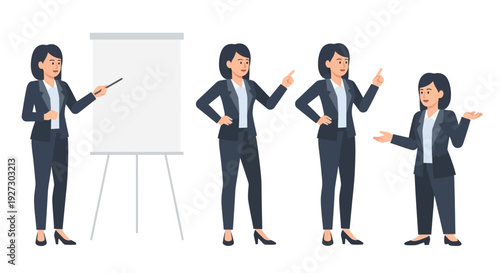 Confident Businesswoman Poses: Presentation, Teaching, Communication, Guidance Flat Vector Illustration