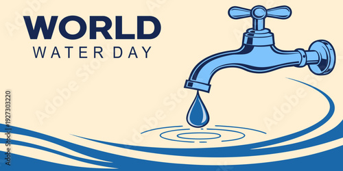 Running tap with flowing water and wave elements. Save water message for World Water Day campaign, perfect for environmental posters, awareness ads and sustainability design projects.