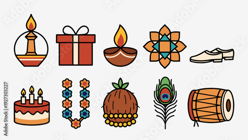 Indian festive celebration icon set with traditional dhol drum shoes flower garland sweet cake diya and peacock feather for navvarshabhinandan vector illustration design isolated.