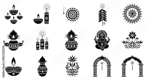 Traditional Indian festival silhouette icon set with diya kalash ganesha and firecrackers for hindu navvarshabhinandan celebration vector illustration isolated on white background.