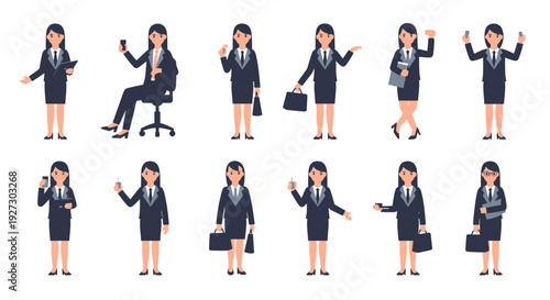 Businesswoman Vector Character Poses Set. Flat Design Professional Female in Various Corporate Actions and Gestures.