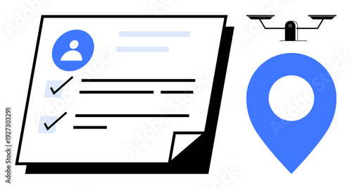 Digital security, tracking systems, personal data monitoring, online forms, surveillance, geolocation services. Document with ID image, checklist pin marker surveillance camera. Digital security