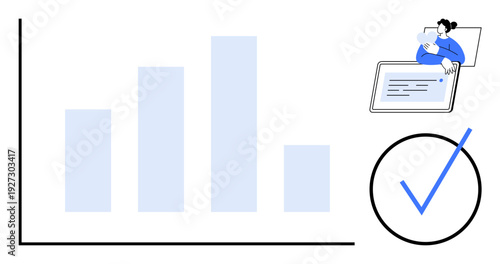 Data analysis visual with bar chart, checklist, and tablet interaction. Data analysis s efficient organization and results tracking. Ideal for business, analytics, workflow, productivity, and reports
