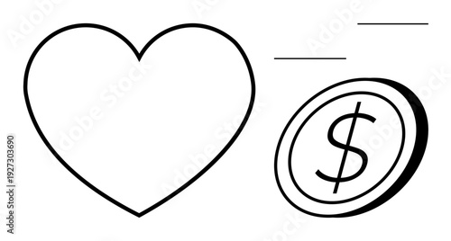 Donation, charity, financial support, love, fundraising, philanthropic efforts. A heart and dollar coin symbol side by side. Donation and charity concepts illustrated through minimal elements