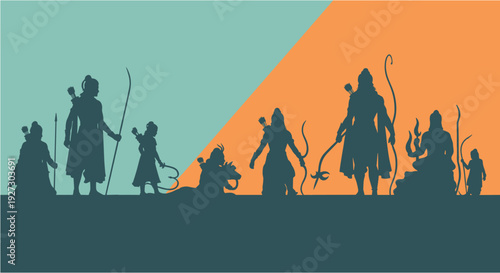 A captivating silhouette illustration depicting various Hindu deities and mythological figures, symbolizing ancient Indian culture and religious narratives.