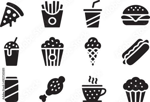 Collection of black silhouette representing fast food and sweet treats black and white