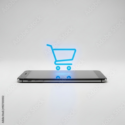 Blue Outlined Shopping Cart Hovering Above a Modern Smartphone, Symbolizing Seamless Online Shopping, E-commerce, Mobile Commerce, and Digital Retail Experience.