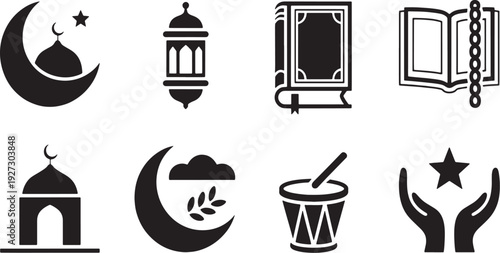 Islamic cultural symbols crescent moon mosque lantern book prayer beads drum hands holding star