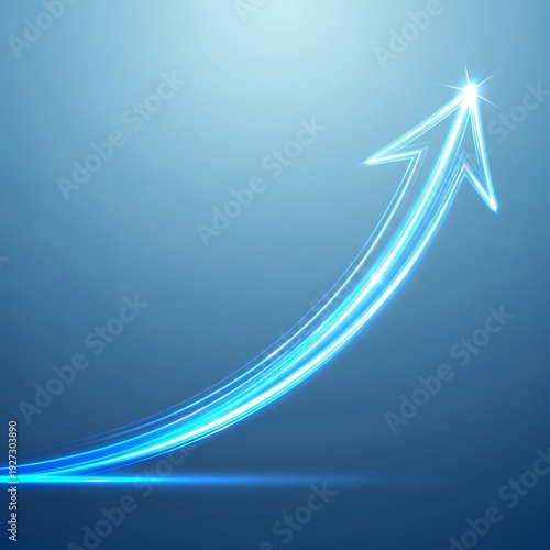 Dynamic Glowing Blue Arrow Curving Upwards on a Gradient Background, Symbolizing Business Growth, Success, Progress, Speed, and Future Development.