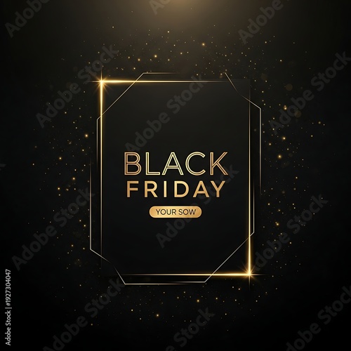 Elegant Black Friday Promotional Background with Golden Frame, Glowing Dust Particles, and Sale Text on a Dark Backdrop, E-commerce Marketing Design