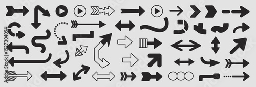 Extensive vector collection of various black arrow icons, including curved, straight, and complex directional symbols, suitable for user interface and web navigation elements.