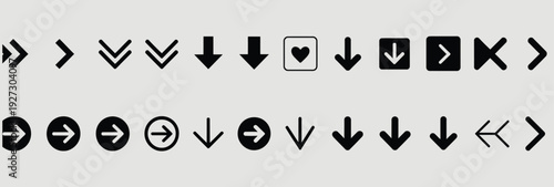 Collection of diverse black arrow icons and symbols, including directional pointers, navigation elements, and a heart icon, presented on a neutral background for web and interface design.