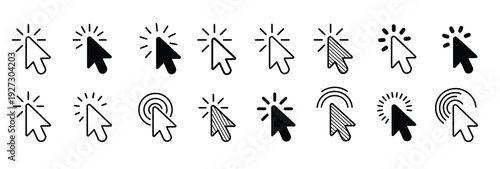 Collection of diverse cursor icons, including pointer, hand, and loading cursors, presented in both outline and solid fill styles for web and digital interface design.