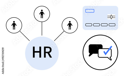 HR hub connecting team roles, secure digital card, and speech bubble with checkmark. Ideal for recruitment, employee management, networking, workflow, productivity, communication personnel planning