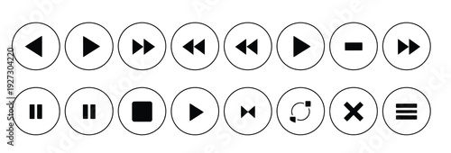 Comprehensive collection of circular media player buttons, including play, pause, stop, fast forward, rewind, shuffle, repeat, and close icons for digital interfaces.