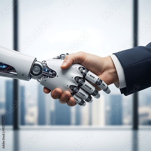 Human and Robot Hands Shaking in a Modern Office, Symbolizing Collaboration, AI Integration, and Future Technology Partnership in Business