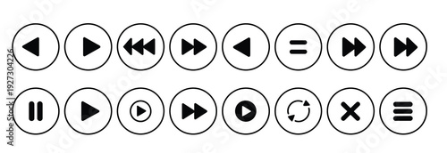 Variety of circular media player icons for digital interfaces, including play, pause, stop, fast forward, rewind, skip, menu, and repeat functions for seamless navigation.