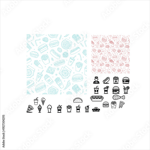 Fast Food Icons and PatternsHamburgers Hot Dogs Fries Pizza Drinks Ice CreamLine Art